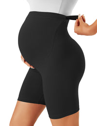Maternity biker shorts in black showcasing a pregnant belly with an over-the-belly design for comfort.