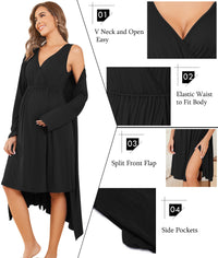 Ekouaer maternity nightgown features V neck, elastic waist, split front flap, and side pockets for comfort and style.