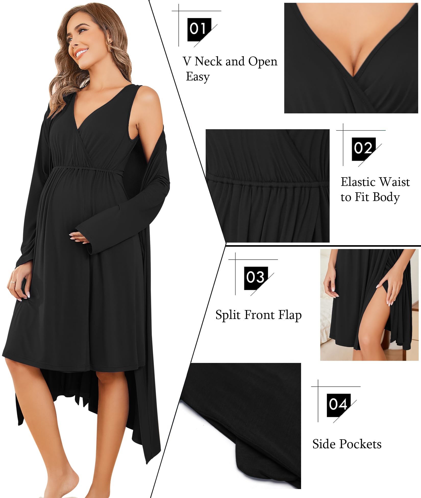 Ekouaer maternity nightgown features V neck, elastic waist, split front flap, and side pockets for comfort and style.
