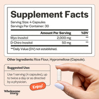 Supplement facts panel: 2,000 mg myo-inositol and 50 mg D-chiro-inositol per 4-capsule serving, 30 servings
