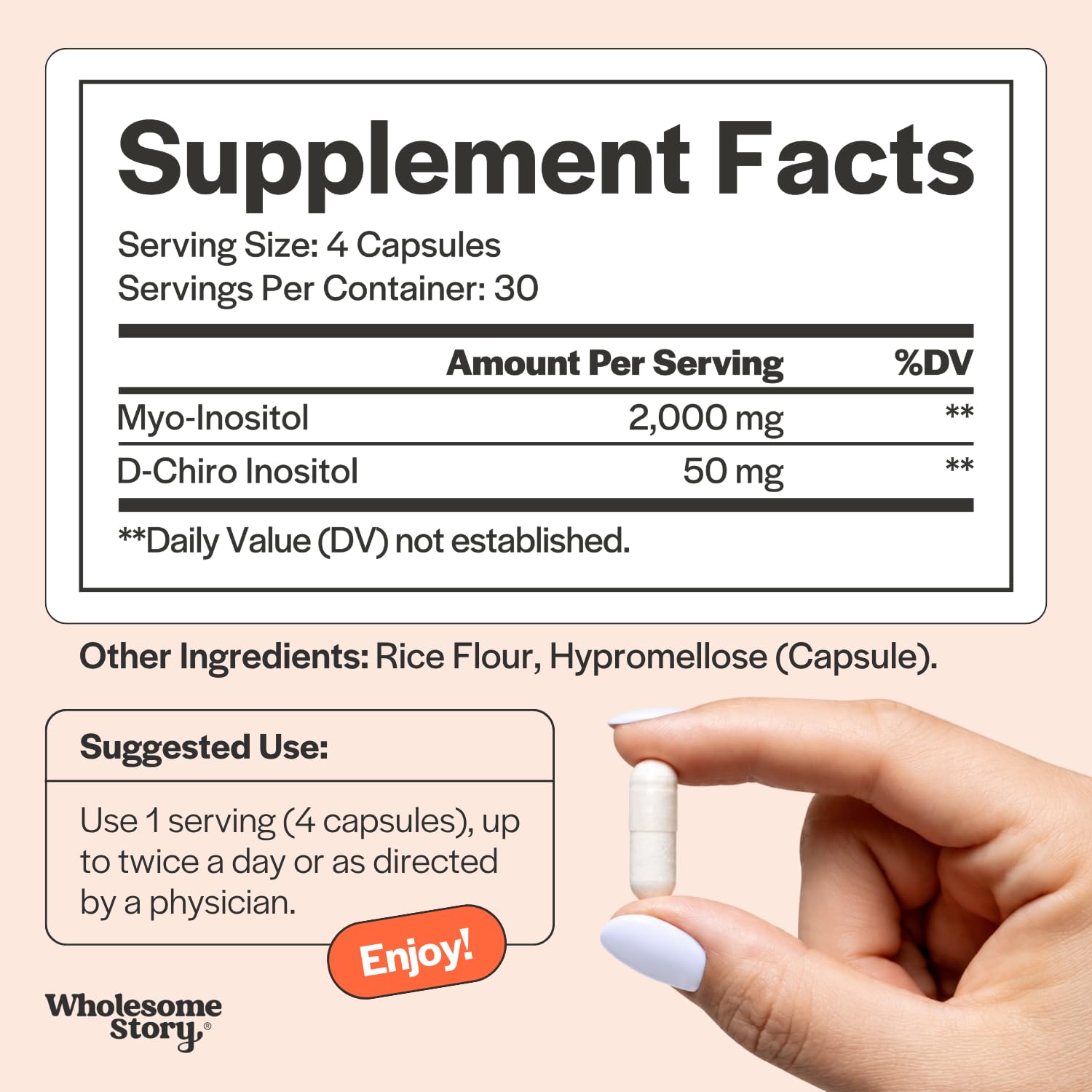 Supplement facts panel: 2,000 mg myo-inositol and 50 mg D-chiro-inositol per 4-capsule serving, 30 servings
