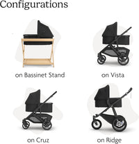 The four UPPAbaby Bassinet V3 configurations: on the Bassinet Stand, on Vista, on Cruz and on Ridge