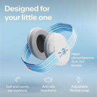 Alpine Muffy Baby earmuffs shown apart, highlighting the soft ear cushions, anti-slip headband and a 15.4 to 19.7 inch head circumference range