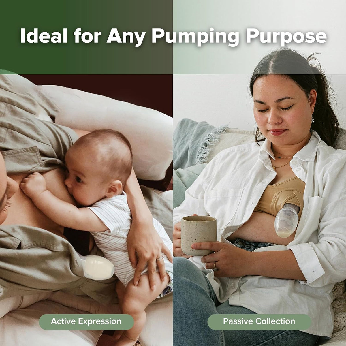 Haakaa used two ways: with suction while a baby nurses, or held in a pumping bra without suction to collect passively