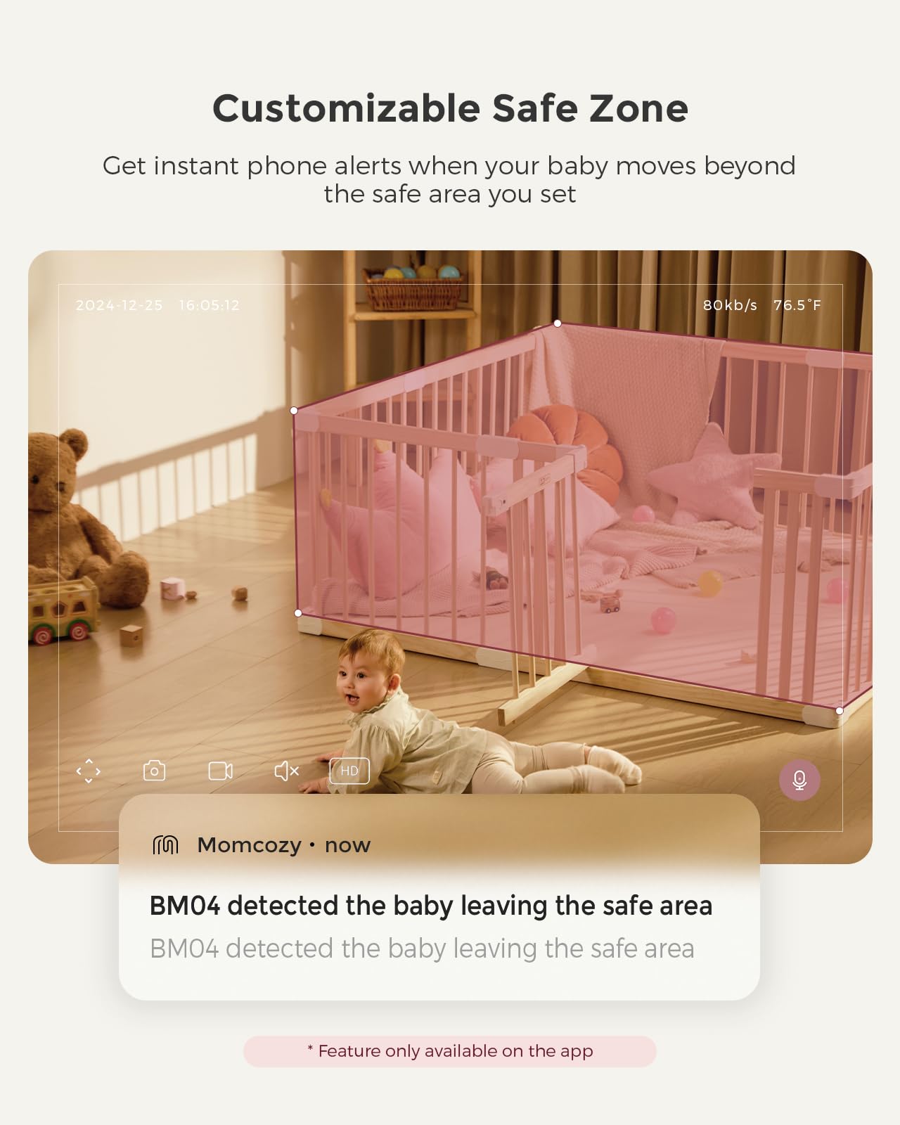 Baby monitor with camera screen showing alerts for customizable safe zone alerts for baby movement.