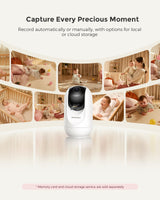 Baby monitor with camera capturing precious moments with options for local or cloud storage.