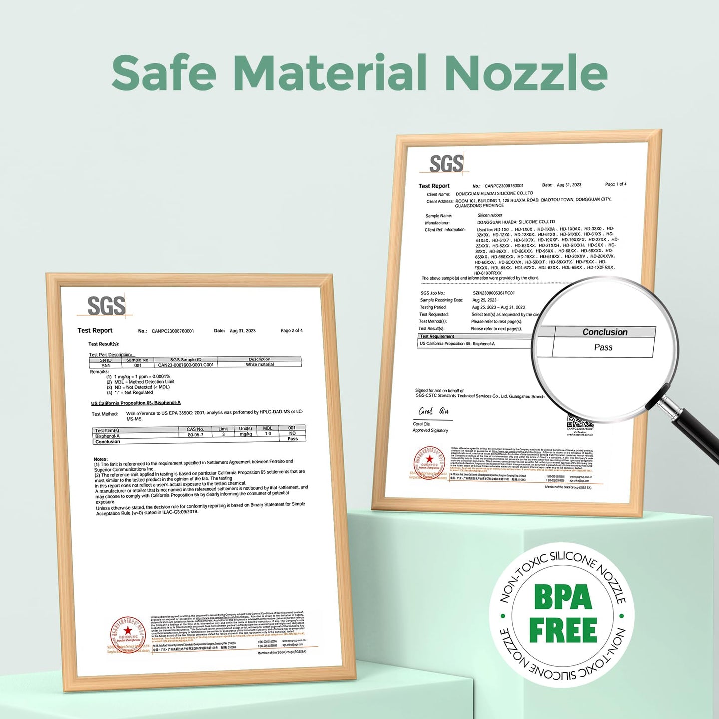 Image of test reports highlighting the safe material nozzle of the Momcozy baby nasal aspirator, BPA free.