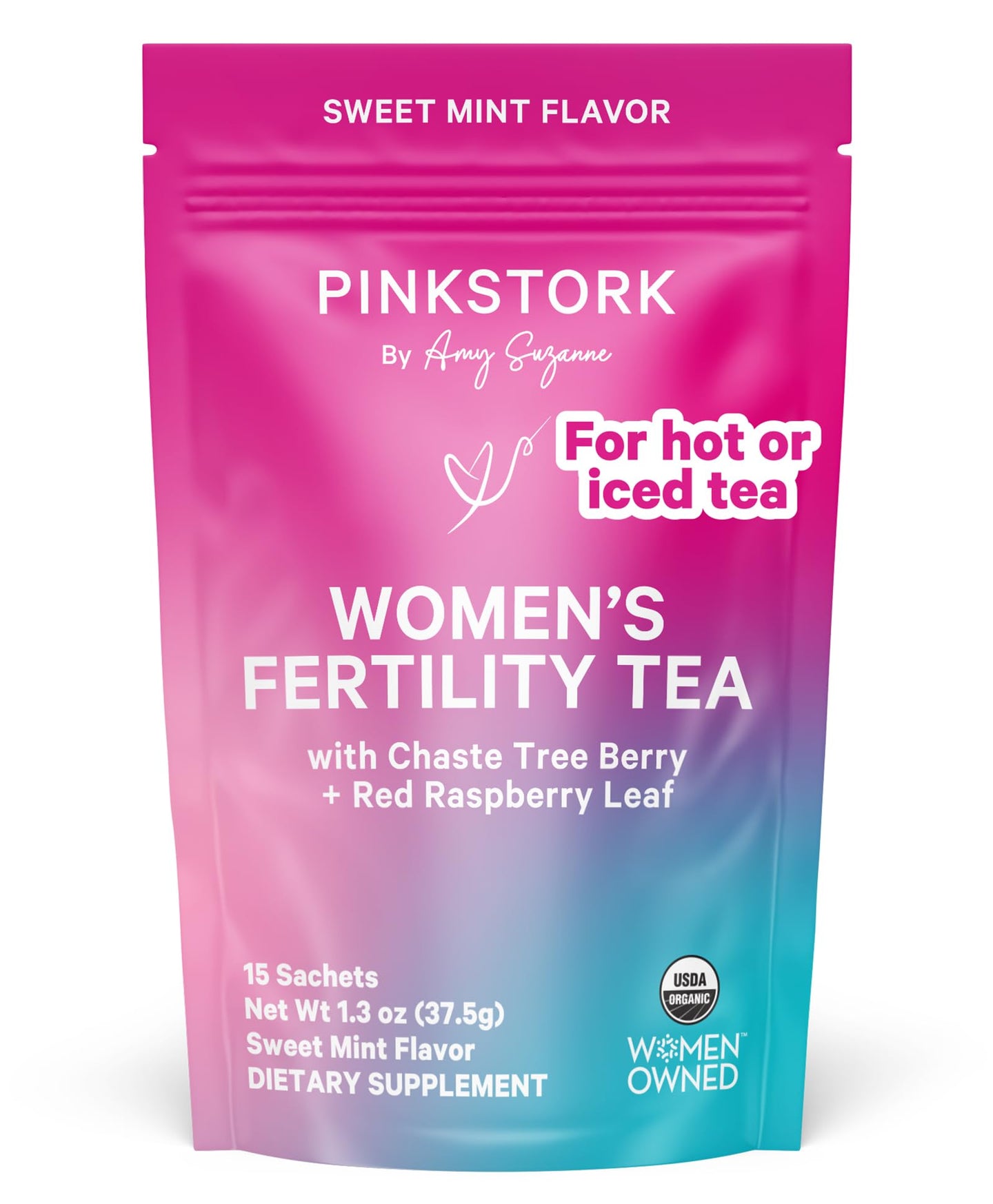 Pink Stork Organic Fertility Tea for women in sweet mint flavor, supports hormone balance and reproductive wellness.
