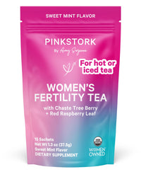 Pink Stork Organic Fertility Tea for women in sweet mint flavor, supports hormone balance and reproductive wellness.