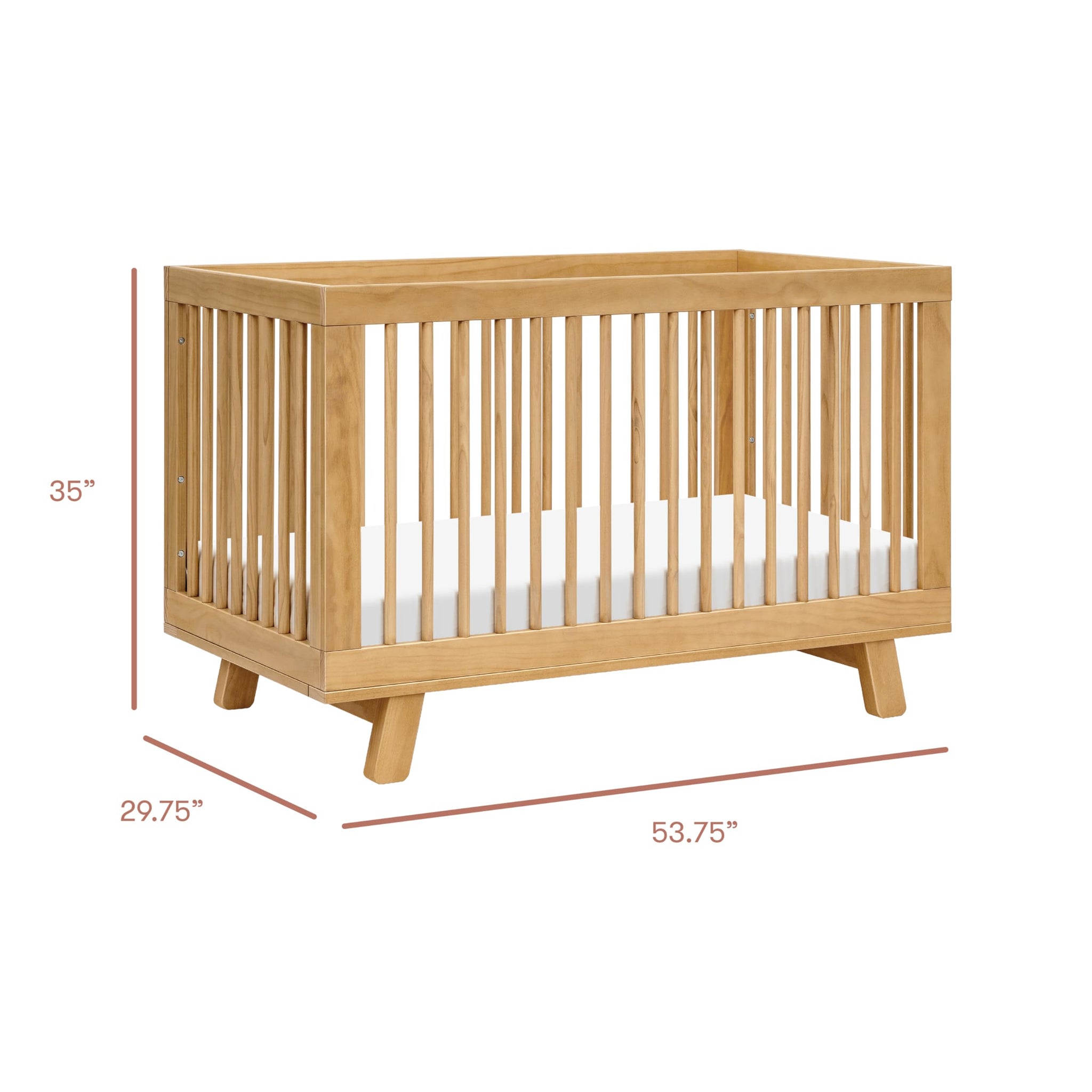 Babyletto Hudson 3-in-1 convertible crib showing dimensions of 35 inches high, 29.75 inches wide, and 53.75 inches long.