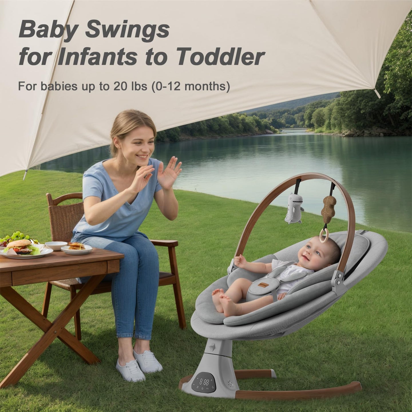 Baby swing for infants shown outdoors, perfect for hands-free moments for new moms.