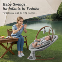 Baby swing for infants shown outdoors, perfect for hands-free moments for new moms.