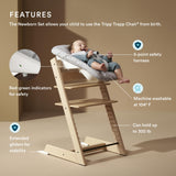 Baby high chair features Stokke Tripp Trapp Newborn Set, showcasing safety harness, stability, and machine washable design.