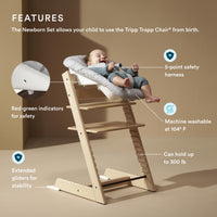 Baby high chair features Stokke Tripp Trapp Newborn Set, showcasing safety harness, stability, and machine washable design.
