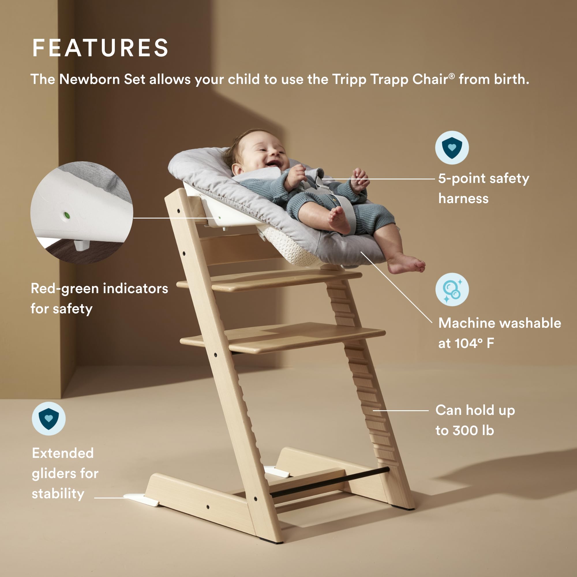 Baby high chair features Stokke Tripp Trapp Newborn Set, showcasing safety harness, stability, and machine washable design.