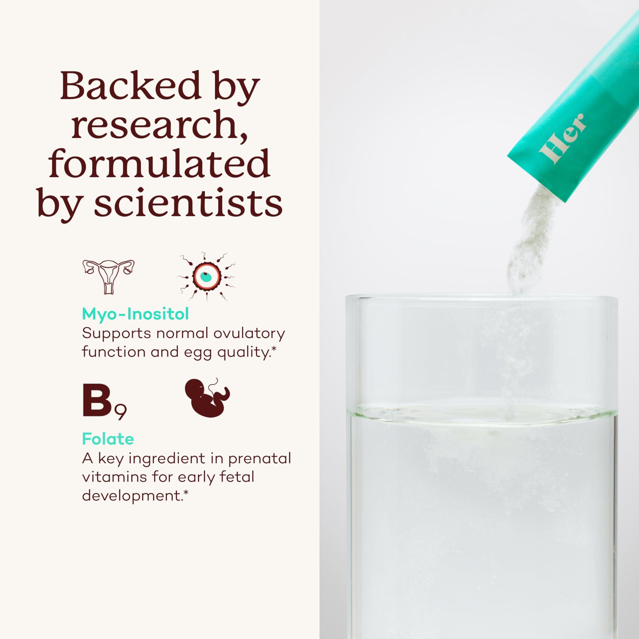 Fertility supplement for women, Premama, supports normal ovulatory function and egg quality with Myo-Inositol and Folate.