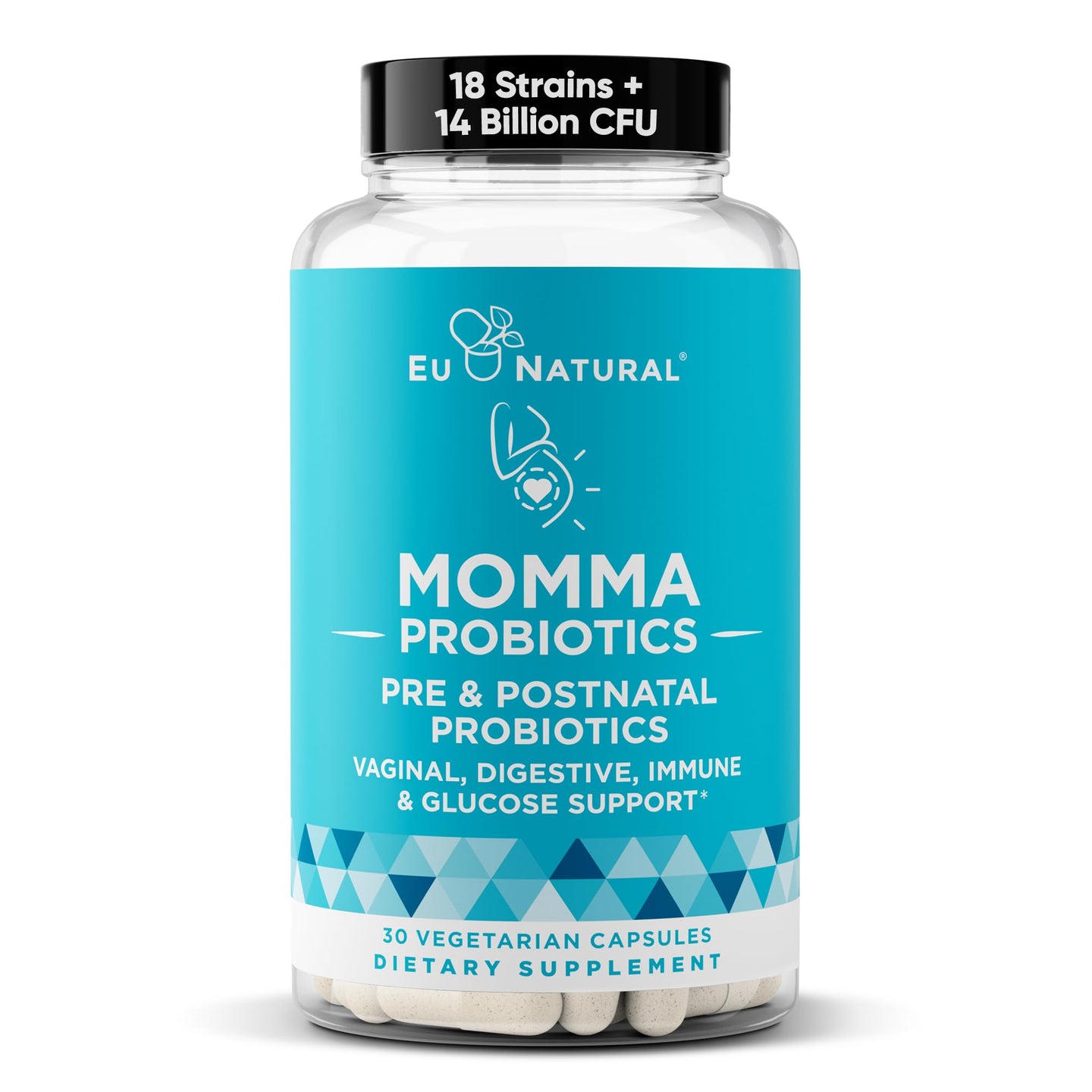 Prenatal probiotics for pregnancy and postpartum support in a bottle of Momma Probiotics capsules.