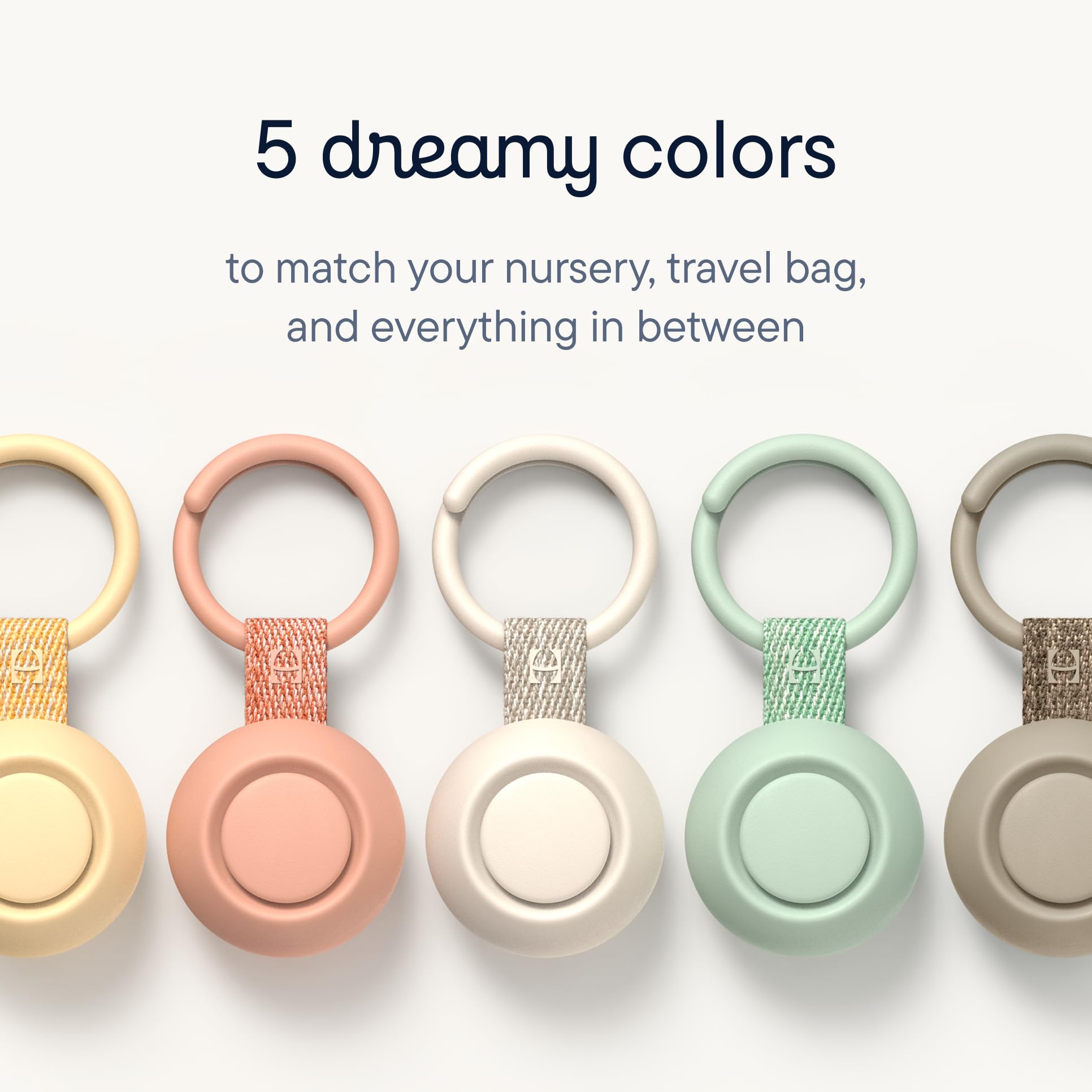 Portable sound machine for baby in 5 dreamy colors to match nursery and travel bags.