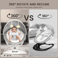 Comparison of Zoicay 3-in-1 baby swing for infants showing 360° rotate vs 180° recline features.