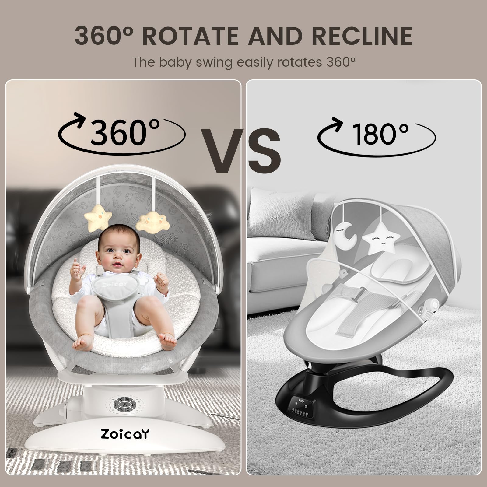 Comparison of Zoicay 3-in-1 baby swing for infants showing 360° rotate vs 180° recline features.
