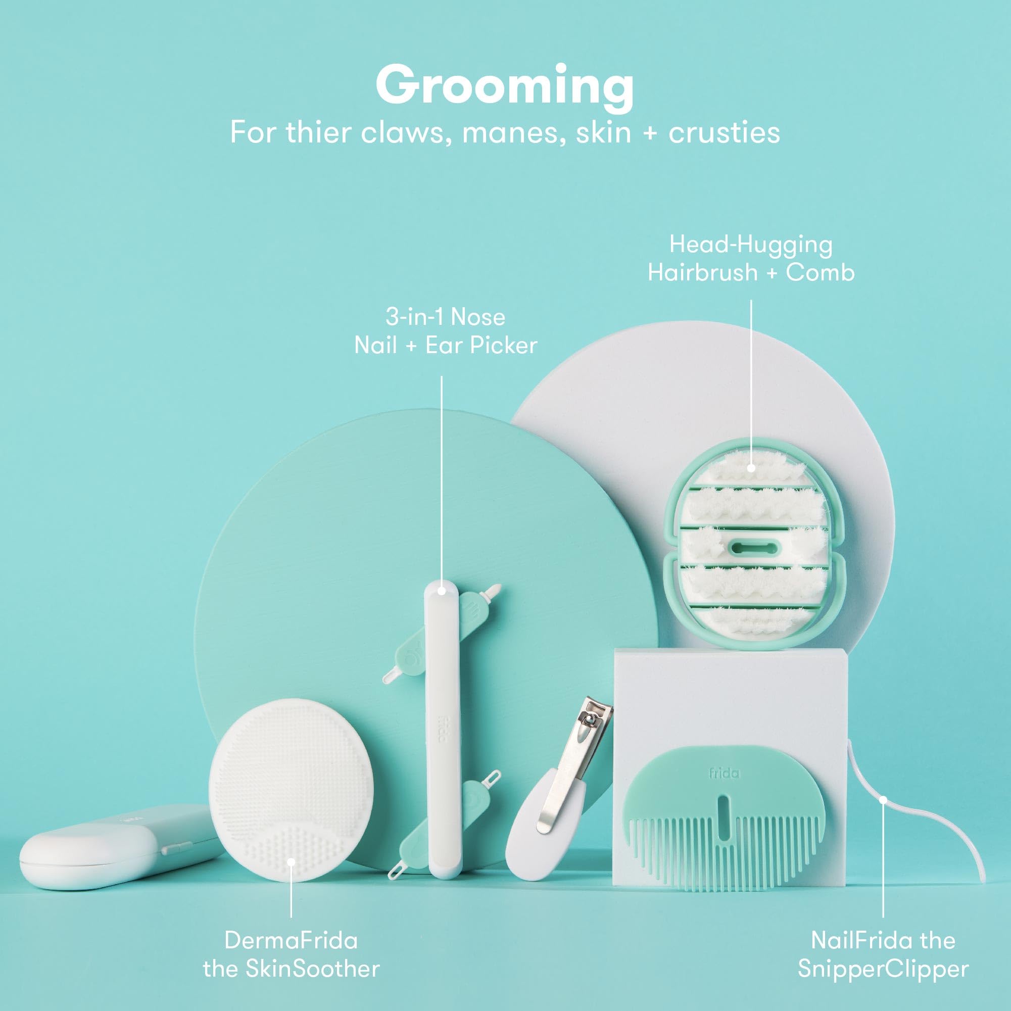 Image of a Baby Grooming Kit including head-hugging hairbrush, ear picker, and nail clipper for newborn care.
