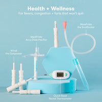 Baby grooming kit essential tools for health and wellness, including thermometer, pacifier, and nasal aspirator.