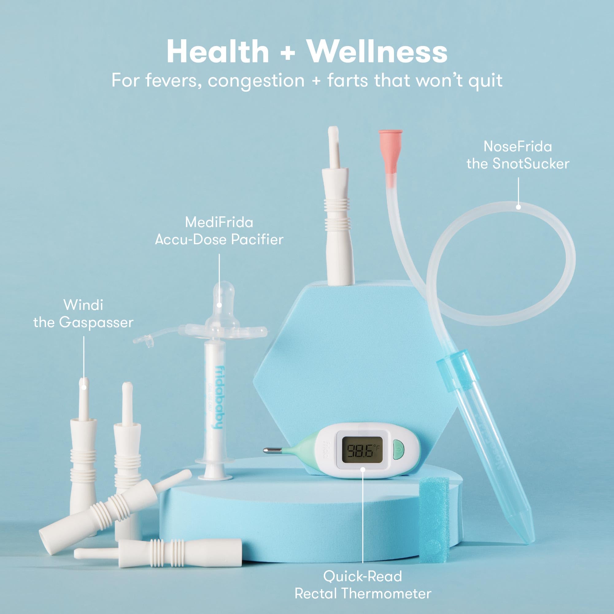Baby grooming kit essential tools for health and wellness, including thermometer, pacifier, and nasal aspirator.