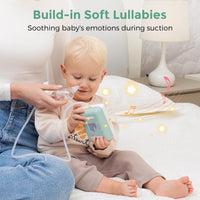Baby nasal aspirator in use, soothing emotions with built-in soft lullabies for comfort during suction.