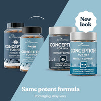 Eu Natural's packaging update notice for Conception for Her and Him, stating the formula is unchanged and packaging may vary.