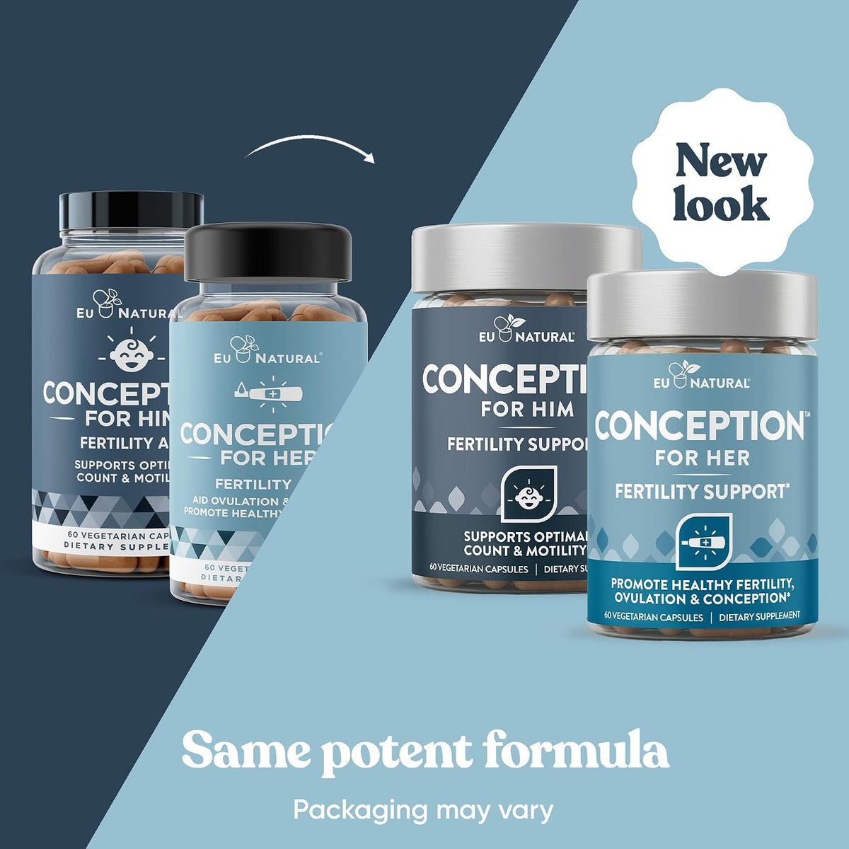 Eu Natural's packaging update notice for Conception for Her and Him, stating the formula is unchanged and packaging may vary.