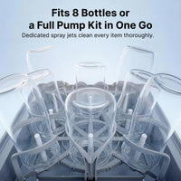 Eight baby bottles in the D8 rack; Momcozy says it takes 8 bottles or a full pump kit per cycle