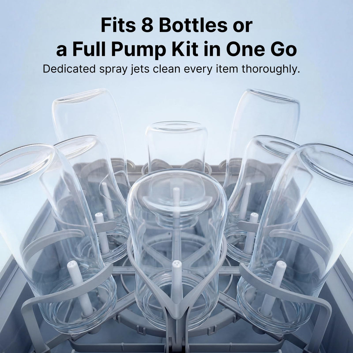 Eight baby bottles in the D8 rack; Momcozy says it takes 8 bottles or a full pump kit per cycle