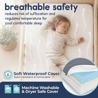 Baby sleeping on a waterproof crib mattress with breathable safety features ensuring comfort and protection.