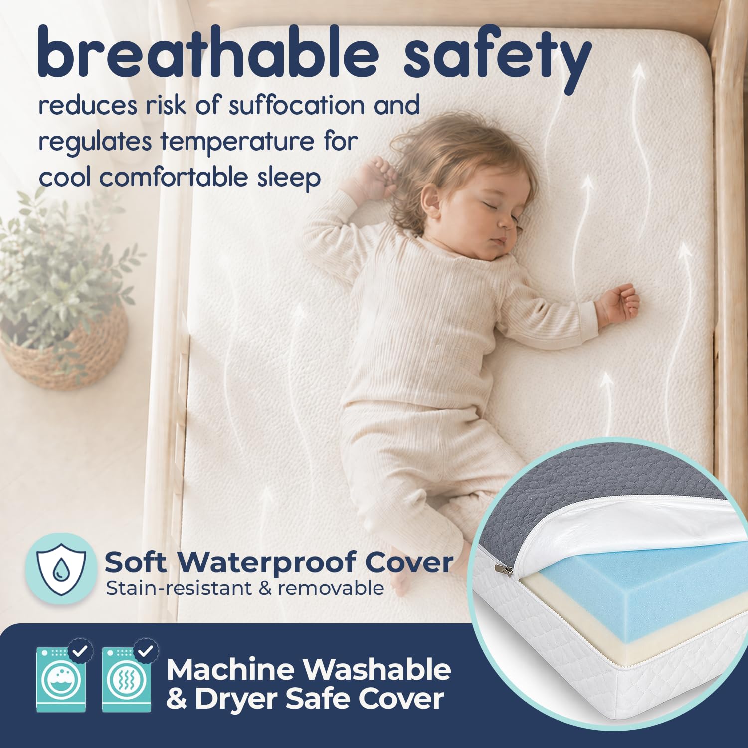 Baby sleeping on a waterproof crib mattress with breathable safety features ensuring comfort and protection.