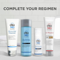 EltaMD skincare regimen: Oil-in-Gel Cleanser, Skin Recovery toner and light moisturizer, and UV Physical SPF 41