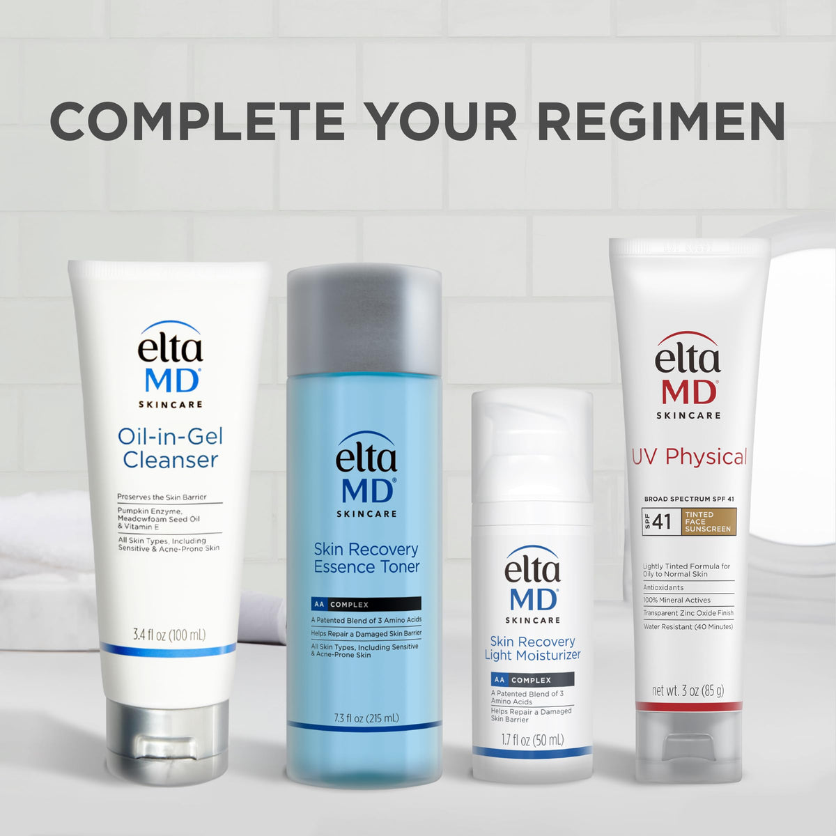 EltaMD skincare regimen: Oil-in-Gel Cleanser, Skin Recovery toner and light moisturizer, and UV Physical SPF 41
