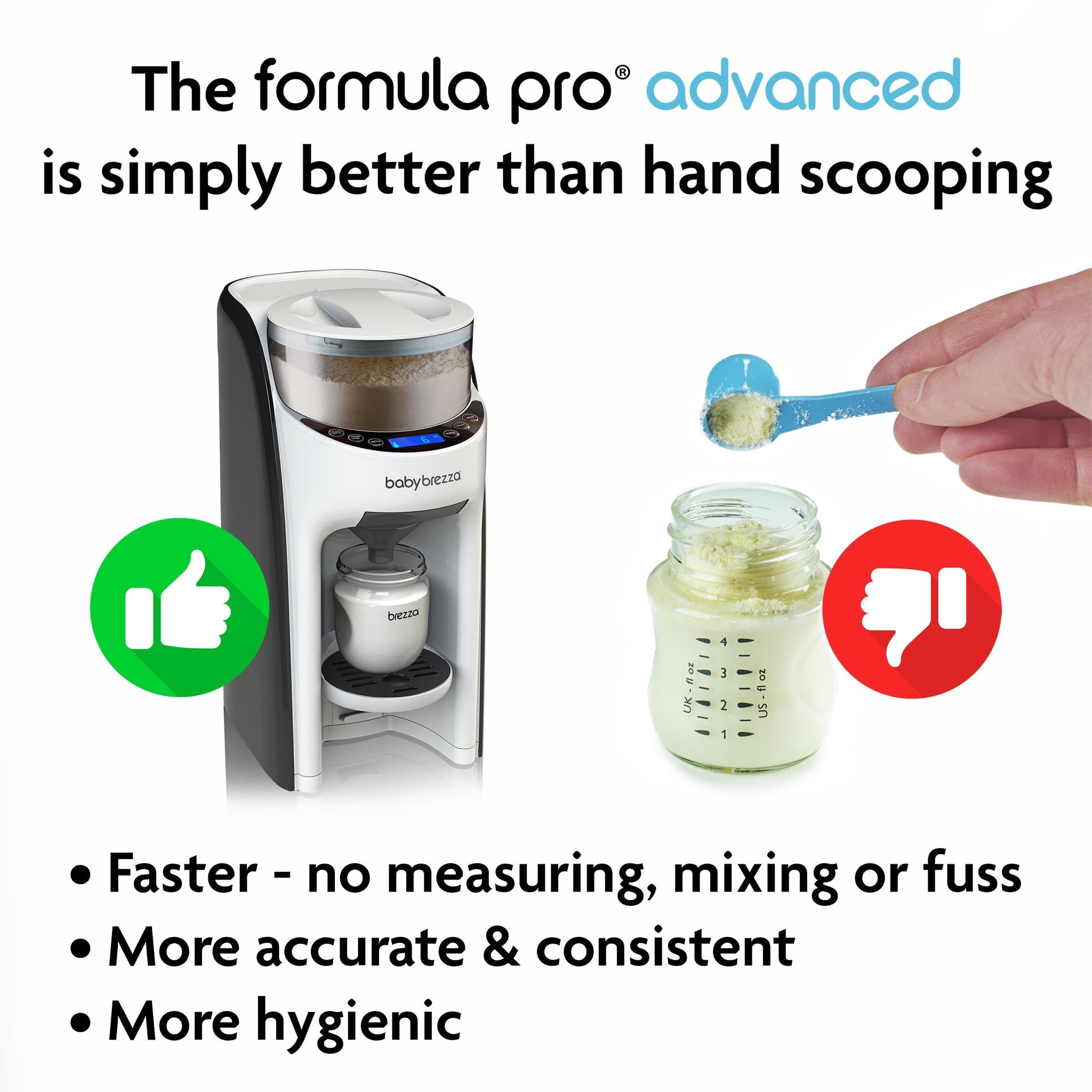 Automatic formula dispenser for newborns showing benefits over hand scooping like speed and hygiene.