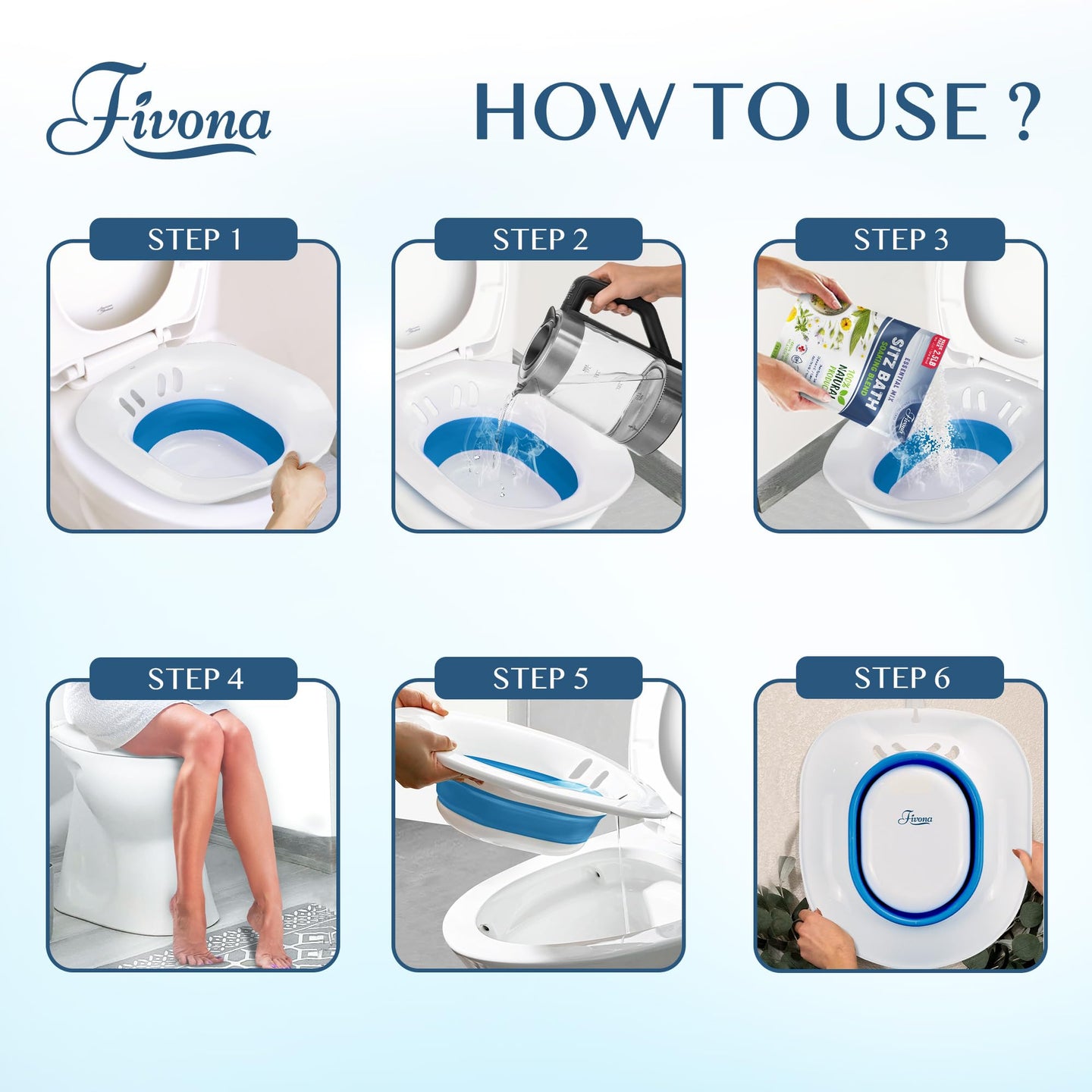 Step-by-step guide on how to use the Fivona Sitz bath for postpartum care.