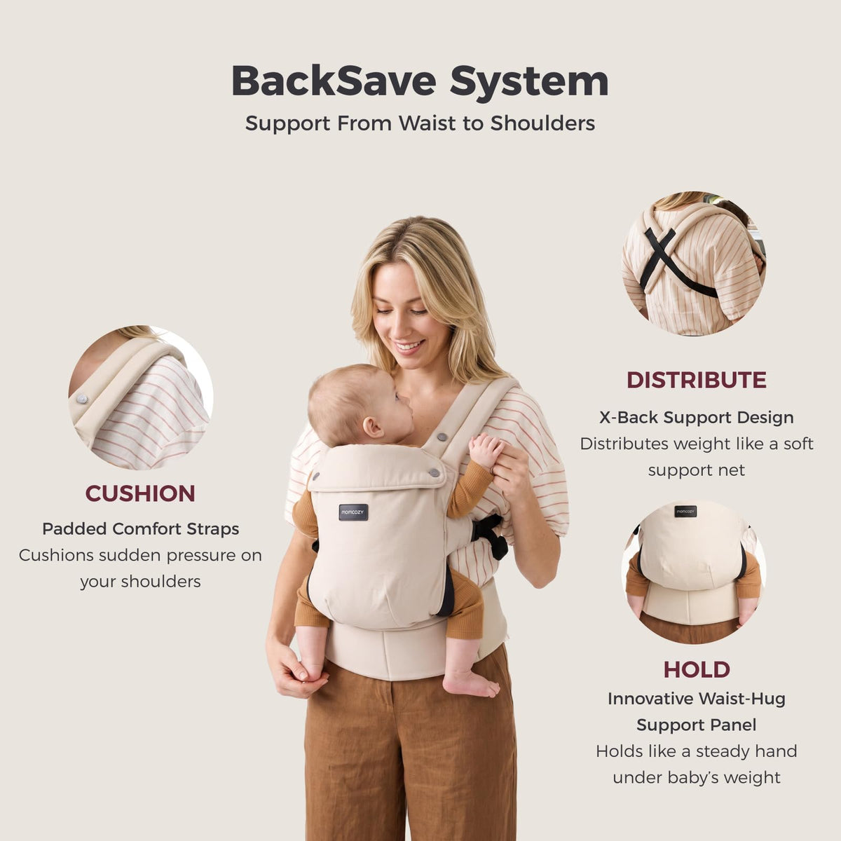 Momcozy PureHug BackSave system with padded shoulder straps, X-back support and waist-hug panel