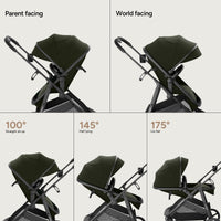 Convertible bassinet stroller with multiple seating positions: parent facing and world facing options.