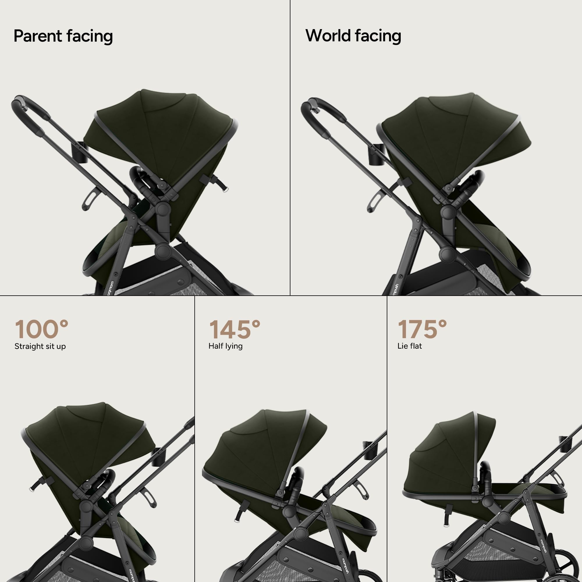 Convertible bassinet stroller with multiple seating positions: parent facing and world facing options.