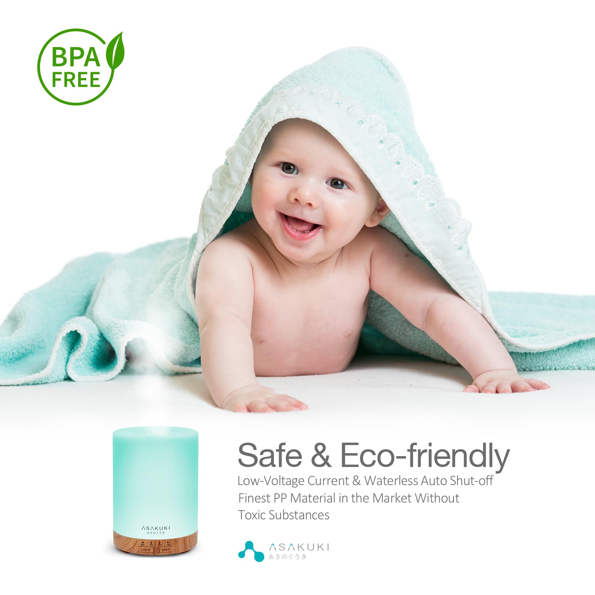 Essential oil diffuser positioned next to a child wrapped in a towel, promoting a safe and eco-friendly atmosphere.