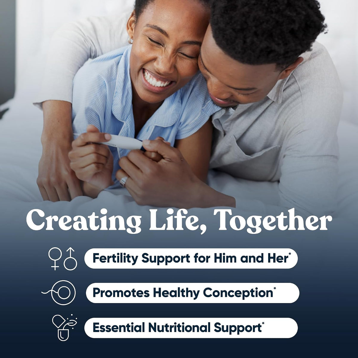 A couple reading a pregnancy test together, from Eu Natural's Creating Life Together campaign for its his-and-hers fertility supplements.