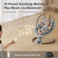 Baby swing for infants with 10 preset soothing melodies and Bluetooth music option for easy control.