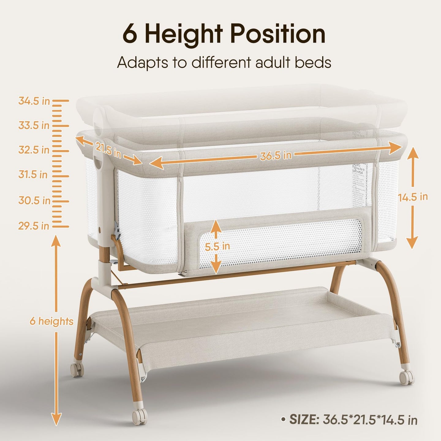 Bedside bassinet with 6 height positions for adapting to different adult beds and convenient nighttime access.