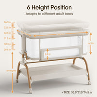 Bedside bassinet with 6 height positions for adapting to different adult beds and convenient nighttime access.
