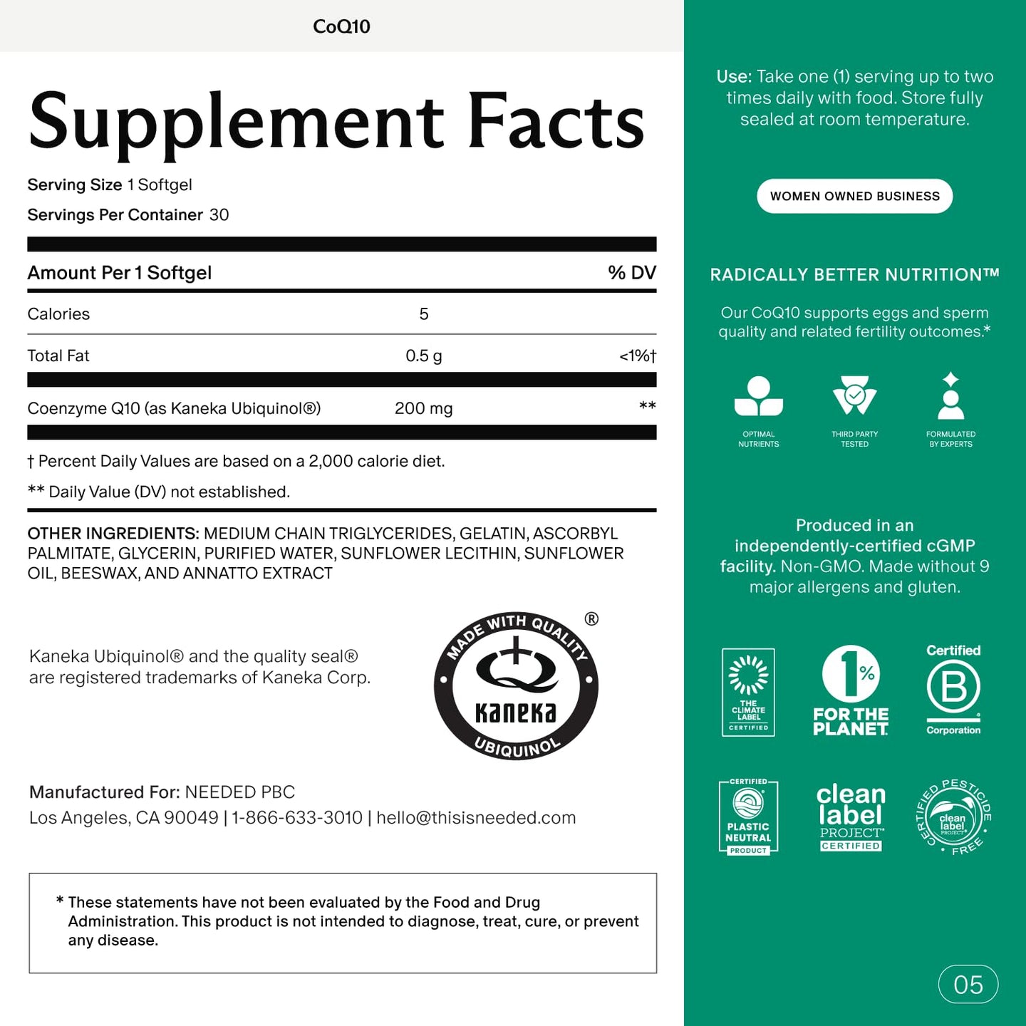 CoQ10 Fertility Supplement - Supplement Facts label highlighting Coenzyme Q10 Ubiquinol 200mg for fertility support.