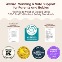 Boppy safety panel showing a Children's Product Certificate, the Baby Safety Alliance Verified seal and CPSC-accredited laboratory testing against CPSC and ASTM federal safety standards, alongside four consumer awards.