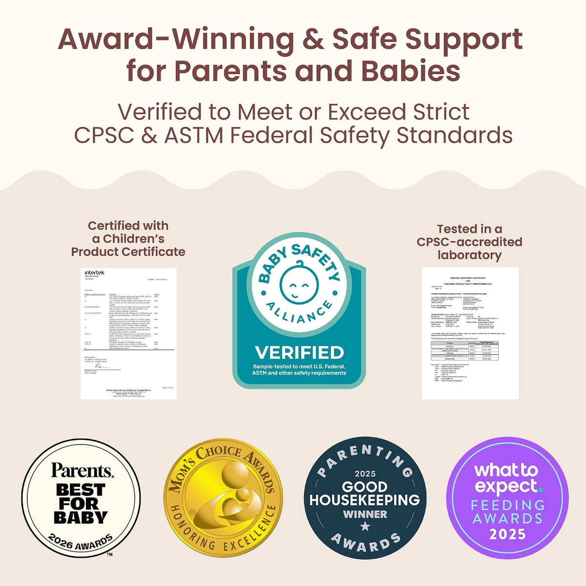 Boppy safety panel showing a Children's Product Certificate, the Baby Safety Alliance Verified seal and CPSC-accredited laboratory testing against CPSC and ASTM federal safety standards, alongside four consumer awards.