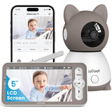 ieGeek 2K Baby Monitor with 5" screen displaying happy baby, featuring audio and night vision capabilities.